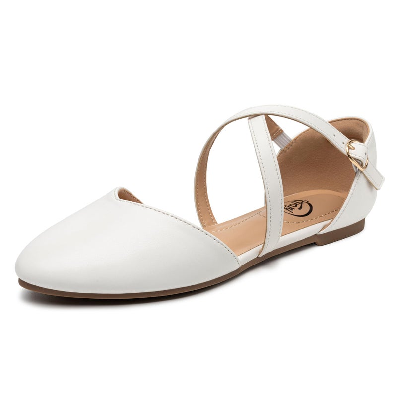 Trary White Mary Jane Flats for Women, Pointed Toe PU Leather Ballet Flats with Double Cross Ankle Straps, Comfortable Casual Dress Shoes Size 9 - Image 1